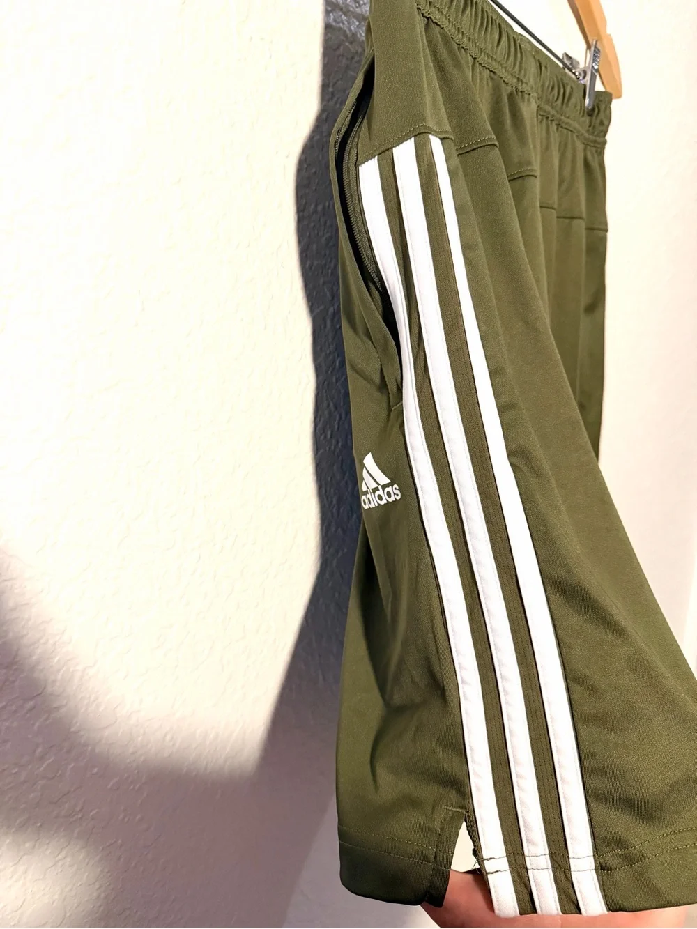 adidas Men’s Olive Athletic Shorts with 3 White Stripes NWOT